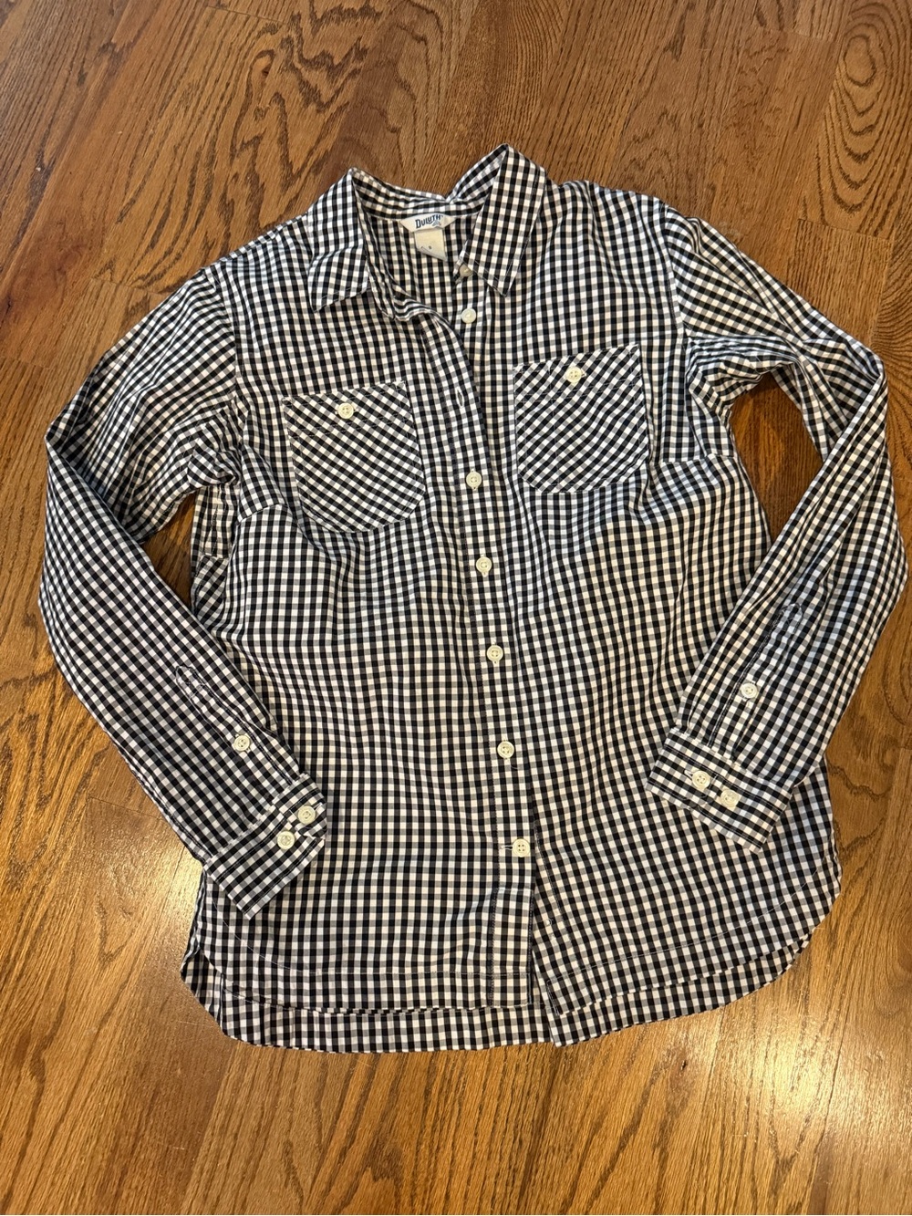 Duluth Trading Company women's button-up long-sleeve gingham shirt black white S